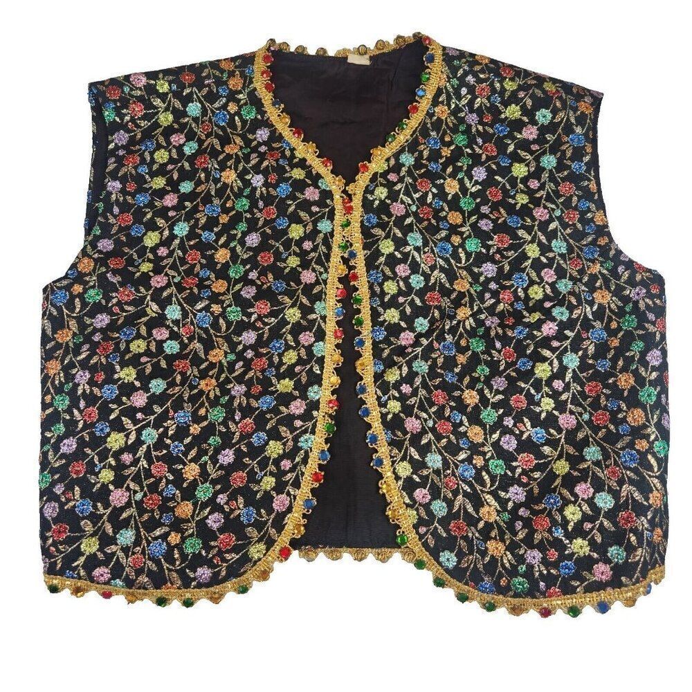 Vintage 60s Metallic Vest Kuchi Banjara Waistcoat Womens M Black Bejeweled